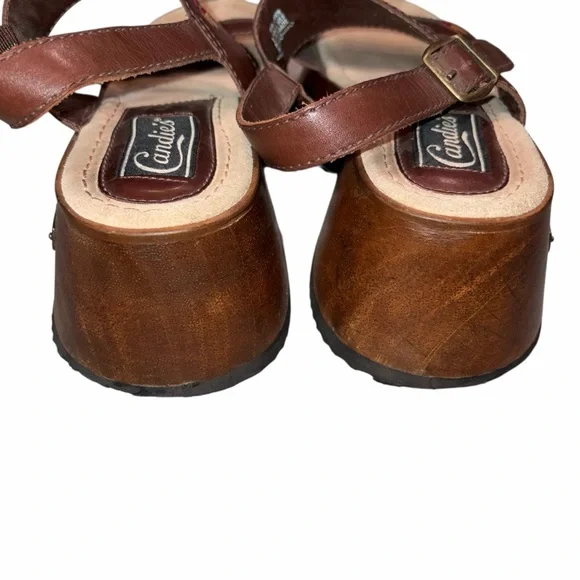 Vintage Candie’s Brown Leather Wooden Platform Sandals Shoes size 8 90’s Y2K - Picture 8 of 11
